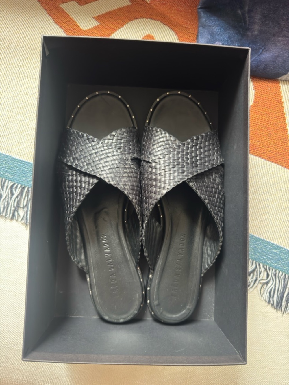 Freda Salvador Black Woven Crisscross Slide Mules